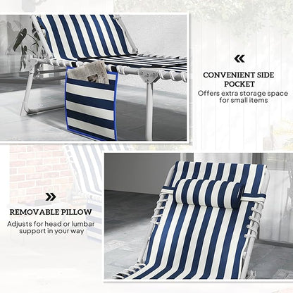 Outsunny Tanning Chair Set of 2 with Face Hole, Side Table, 5-Position Reclining Folding Chaise Lounge Chair Outdoor Lounger Recliner, Carry Straps for Beach Pool Camp, Oxford Fabric, Blue and White
