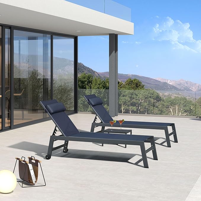 PURPLE LEAF Outdoor Lounge Chair Set Patio Chaise Pool Lounger Aluminum Frame with 2 Side Table and Wheels for Outside Sunbathing Tanning Recliner Including Pillows Navy Blue