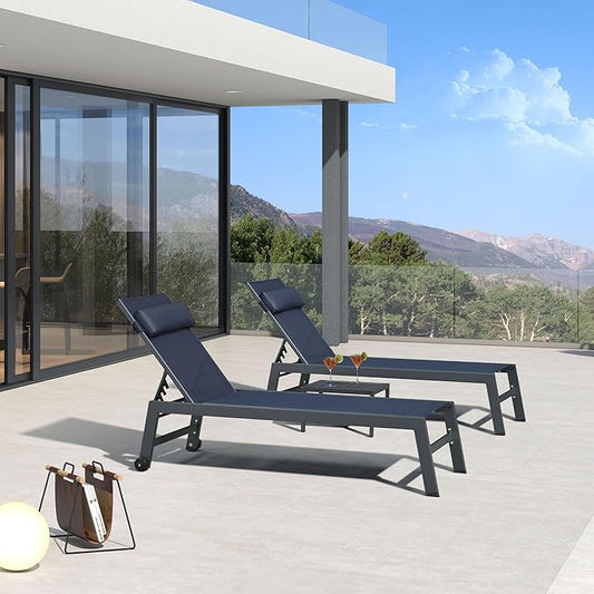 PURPLE LEAF Outdoor Lounge Chair Set Patio Chaise Pool Lounger Aluminum Frame with 2 Side Table and Wheels for Outside Sunbathing Tanning Recliner Including Pillows Navy Blue