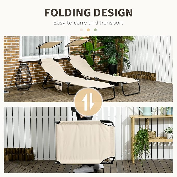 Outsunny Folding Chaise Lounge Pool Lounge Chairs Set of 2, Outdoor Sun Tanning Chairs with Canopy Shade, Reclining Back, Steel Frame and Side Pocket for Beach, Yard, Patio, Tan