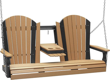 LuxCraft 5' Adirondack Hanging Porch Swing with Flip Down Console, Outdoor Patio Swing, Front Porch Swing, Outdoor Swing Bench (Cedar & Black)