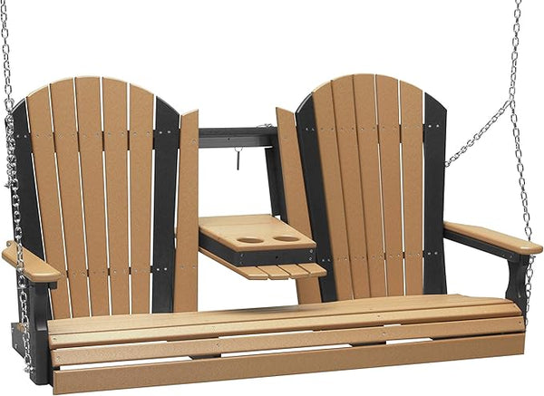 LuxCraft 5' Adirondack Hanging Porch Swing with Flip Down Console, Outdoor Patio Swing, Front Porch Swing, Outdoor Swing Bench (Cedar & Black)