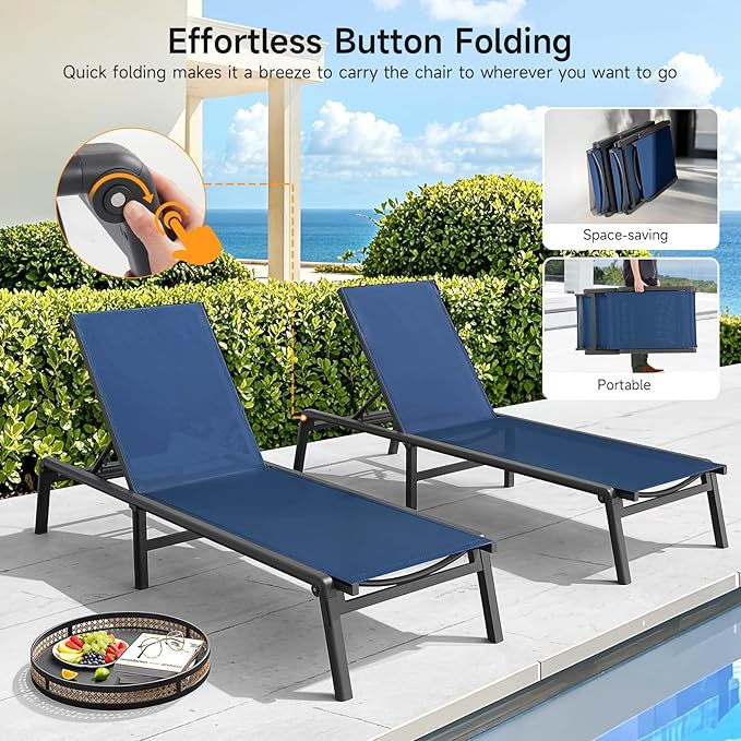 Aluminum Chaise Lounge Chair Outdoor, Foldable & Assembly Free Outdoor Lounge Chair with 5 Position Adjustable Backrest - Photo 5
