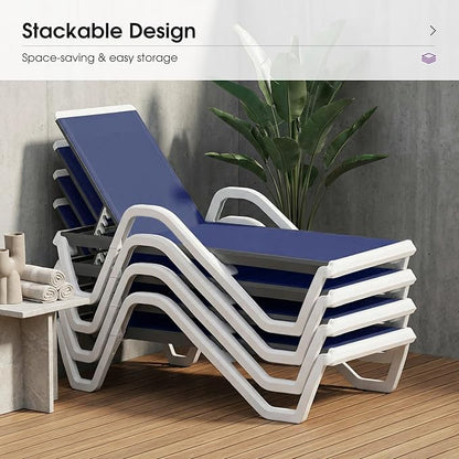 PURPLE LEAF Patio Chaise Lounge Set of 2 Plastic Pool Outdoor Lounge Chair with Armrest Stackable Poolside Tanning Chairs for Beach Deck Yard Sunbathing, Navy Blue