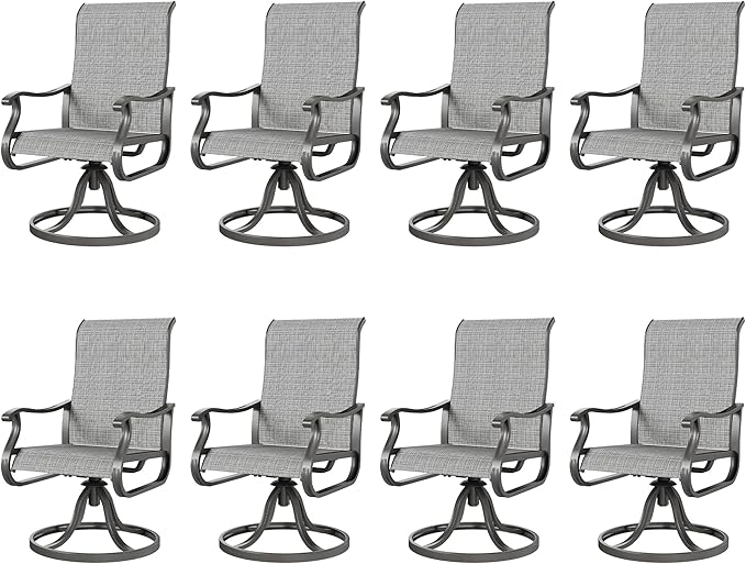 Amopatio Patio Swivel Chairs Set of 8, Outdoor Swivel Rocker Dining Chairs with All Weather Textilene High Back & Metal Frame, for Backyard Deck Lawn, Light Gray