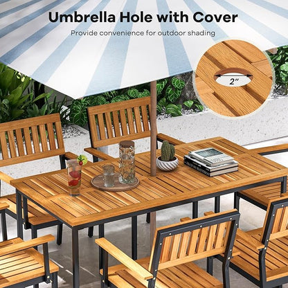 Tangkula 55 Inches Acacia Wood Patio Dining Table for 6, Rectangle Outdoor Table with Heavy Duty Metal Legs and Umbrella Hole, Outside Table for Backyard, Deck, Lawn, Poolside