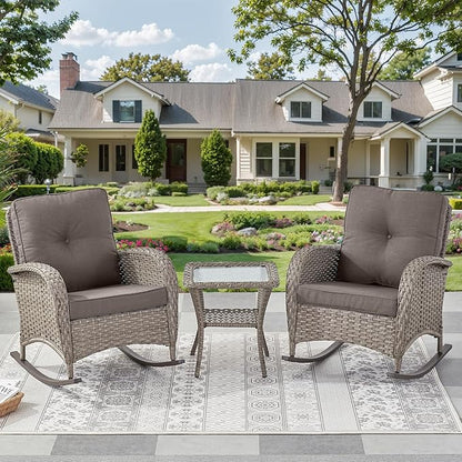 Outdoor Rocking Chairs Set of 2-Patio Table and Chairs Set Outdoor Conversation Furniture Sets for Deck Porch Garden Balcony Poolside-Grey/Grey