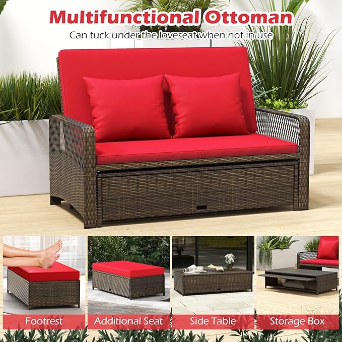 Tangkula Patio Adjustable Wicker Daybed, Rattan Loveseat & Storage Ottoman w/ 4-Level Backrest & Soft Cushions - Photo 7