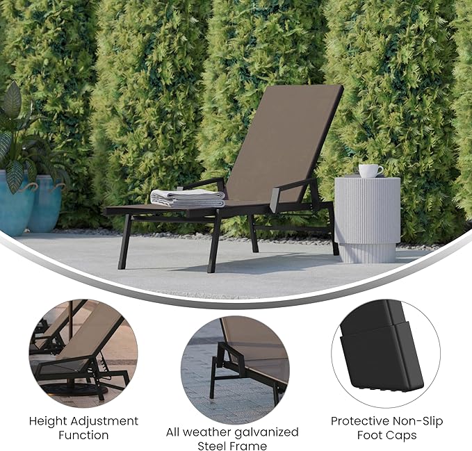 Flash Furniture Brazos Adjustable Chaise Lounge Chair with Arms, All-Weather Outdoor Five-Position Recliner, Black/Brown - Photo 4