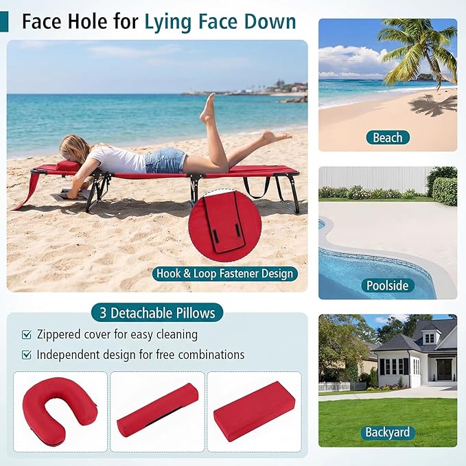 GYMAX Tanning Chair, Folding Lounge Chairs with Face Hole & Cover, Removable Pillow Carry Handle, Portable Compact Outdoor Layout Recliner for Beach, Poolside, Lawn, Patio, Camping (Red,1)