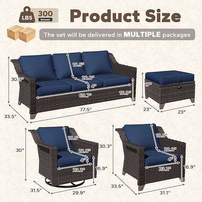 7 Pieces Patio Conversation Furniture Set - 1 Sofa, 2 Armchairs, 2 Ottomans, 2 Swivel Chairs - Photo 2