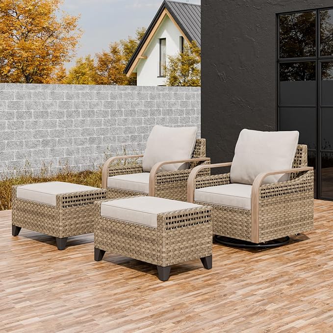 EAGLE PEAK Modern Wicker Outdoor Glider Rocking Chair, Swivel Rocker, Rattan Patio Furniture for Yard Deck Porch Garden, 2 Chairs 2 Ottomans, 4 Piece, Brown/Gray