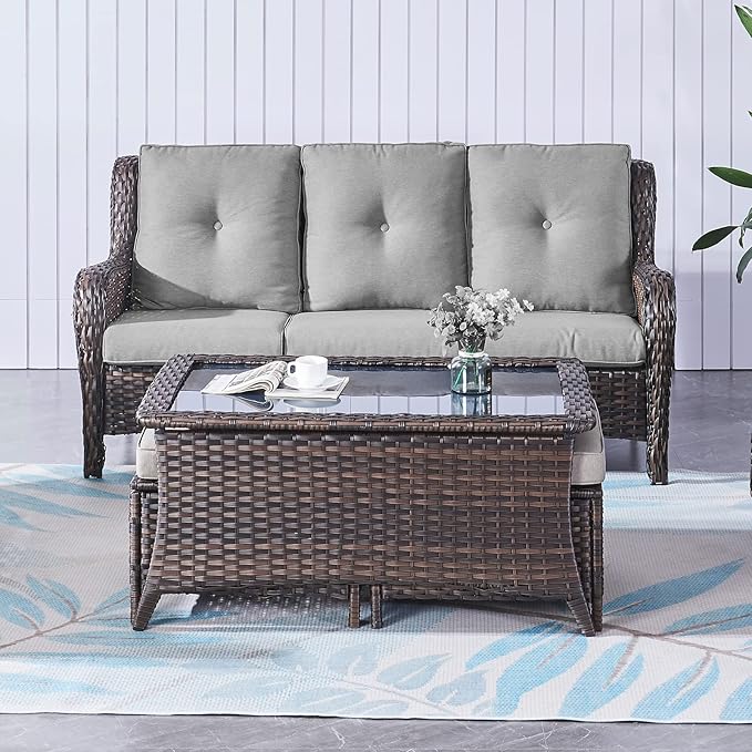 Belord Patio Wicker Furniture 4 Pieces Outdoor Furniture Set Patio Sofa Set with Wicker Chairs and Coffee Table, Paito Conversation Set for Porch Garden Deck Balcony Poolside