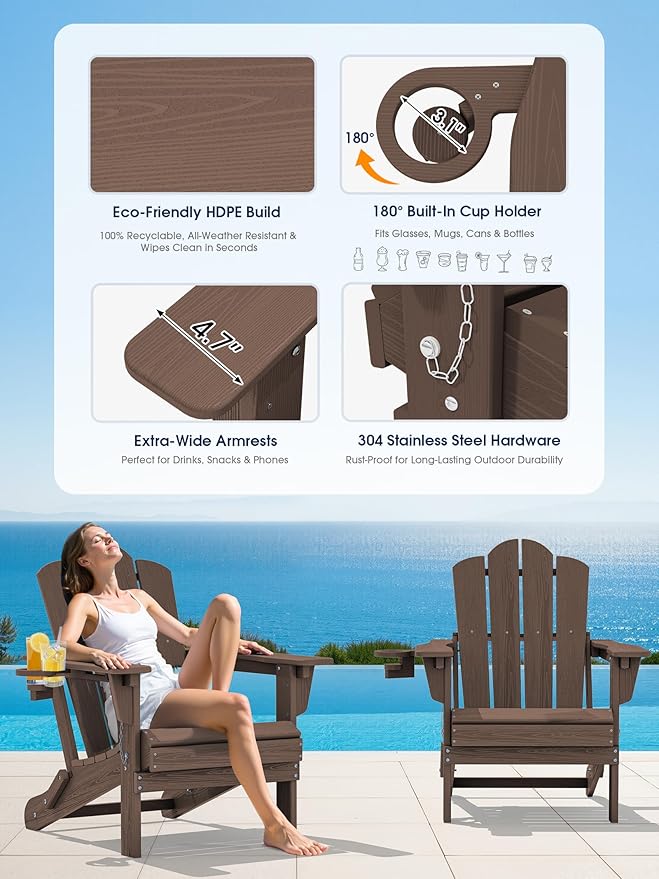 KINGYES Adjustable Folding Adirondack Chair Set of 2, 3-Position Reclining Adirondack Chairs with Cup Holder, HDPE All-Weather Oversized Adirondack for Outdoor, Patio, Backyard Deck, Fire Pit, Brown