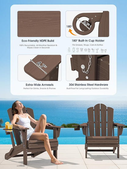 KINGYES Adjustable Folding Adirondack Chair Set of 2, 3-Position Reclining Adirondack Chairs with Cup Holder, HDPE All-Weather Oversized Adirondack for Outdoor, Patio, Backyard Deck, Fire Pit, Brown