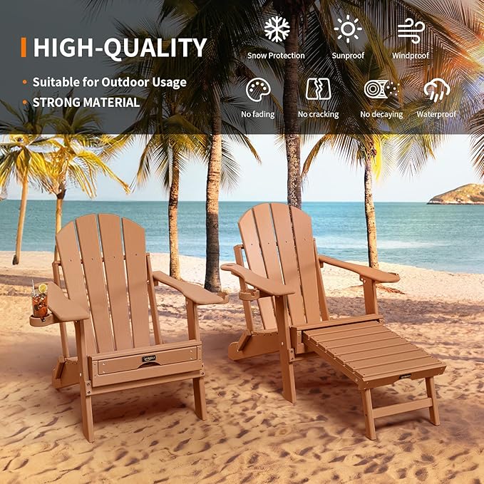 VINGLI Back-Adjustable Plastic Folding Adirondack Chairs with Retractable Footrest & 2-in-1 Cup Holders - Photo 7