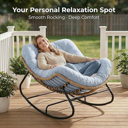 SWITTE Outdoor Rocking Chair, Oversized Patio Papasan Rocker, Comfy Wicker Reading Lounge, Indoor Egg Chair for Bedroom, Living Room, Porch, Garden, Lawn-Light Blue