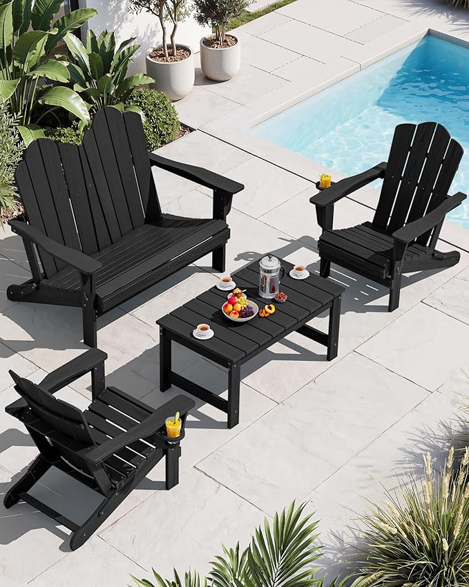 SERWALL 4 Pieces HDPE Patio Adirondack Chair Set, 2 Adirondack Chair with Cup Holder & 1 Adirondack Bench & 1 Coffee Table with Umbrella Hole, Black