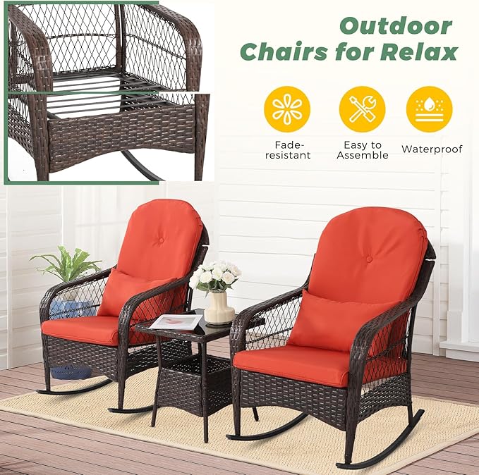 LVUYOYO Outdoor Wicker Rocking Chair of 2, Patio Rattan Rocker Chair with Cushions, Rocking Wicker Furniture Set for Deck, Porch, Garden, Backyard (Orange Red)