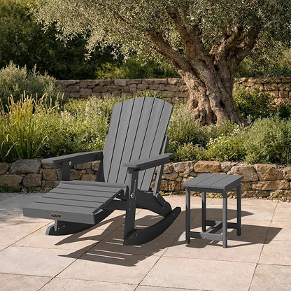 Adirondack Rocking Chair with Retractable Ottoman Set of 2, 4-in-1 Foldable Reclining Patio Chair, HDPE Wood-Look Outdoor Rocker for Porch, Garden & Poolside, Grey