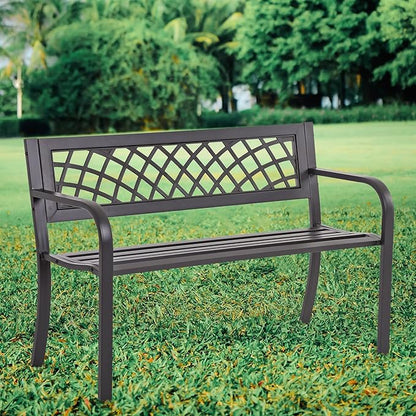Garden Bench,Metal Outdoor Bench Park Bench with Plastic Mesh Backrest Armrests Sturdy Steel Frame for Patio Yard Porch Entryway Black