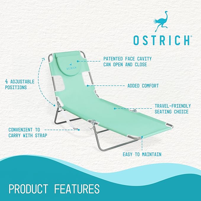Ostrich Chaise Lounge Outdoor Portable Folding 4 Position Recliner Chair for Beach, Patio, Camp, and Pool with Carrying Strap, Teal (2 Pack)