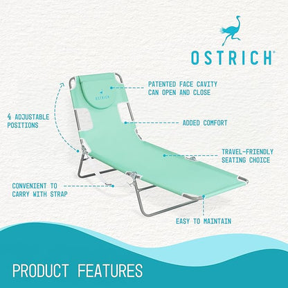 Ostrich Chaise Lounge Outdoor Portable Folding 4 Position Recliner Chair for Beach, Patio, Camp, and Pool with Carrying Strap, Teal (2 Pack)