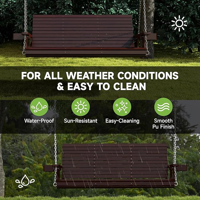 Real Relax Front Porch Swing, Wooden Upgraded 3 Person Seat Bench Swing Hanging Chair with Cup Holders - Photo 5