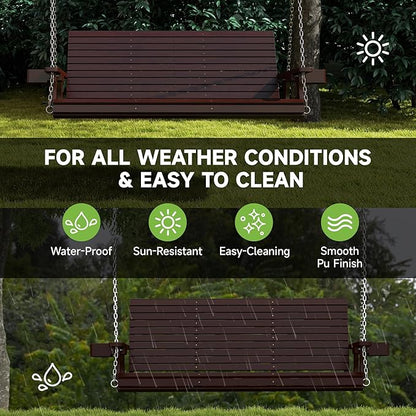 Real Relax Front Porch Swing, Wooden Upgraded 3 Person Seat Bench Swing Hanging Chair with Cup Holders, Heavy Duty 880 Lbs, 22" Deep Seat for Outdoor, Patio, Backyard, Garden, 5 FT (Brown)