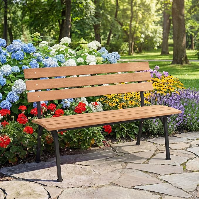 HAPPYGRILL Outdoor Acacia Wood Bench, 2-Person Park Bench with Metal Frame, Slatted Seat and Backrest, Patio Loveseat for Front Porch, Backyard, Garden