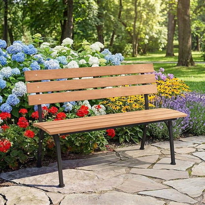HAPPYGRILL Outdoor Acacia Wood Bench, 2-Person Park Bench with Metal Frame, Slatted Seat and Backrest, Patio Loveseat for Front Porch, Backyard, Garden