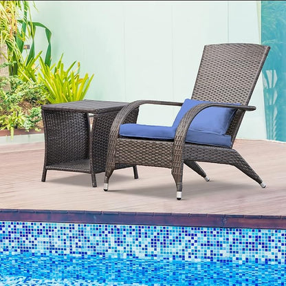 Outdoor Patio Wicker Adirondack Chair Outside Fire Pit Chairs Oversized Comfy Coconino Rattan Armchair Low Deep Seating High Back with Cushion and Pillow for Porch Deck Balcony Lawn Garden Navy Blue