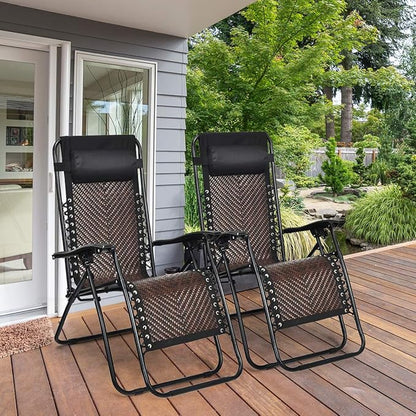 Tangkula Patio Rattan Zero Gravity Lounge Chair, Outdoor Folding Lounge Chair w/Removable Head Pillow, Adjustable Lounge with Widened Armrest & Locking System for Balcony Yard Poolside (2, Coffee)