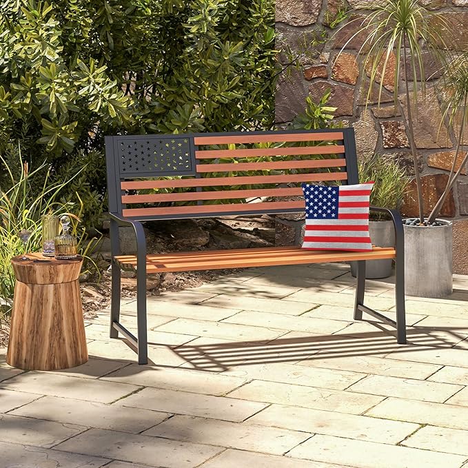 Giantex Outdoor Bench, 2-Person Metal Garden Bench with American Flag Backrest, Curved Armrests & Slatted Seat, 660 Lbs Capacity, Outdoor Bench for Lawn, Porch, Yard, Park Bench