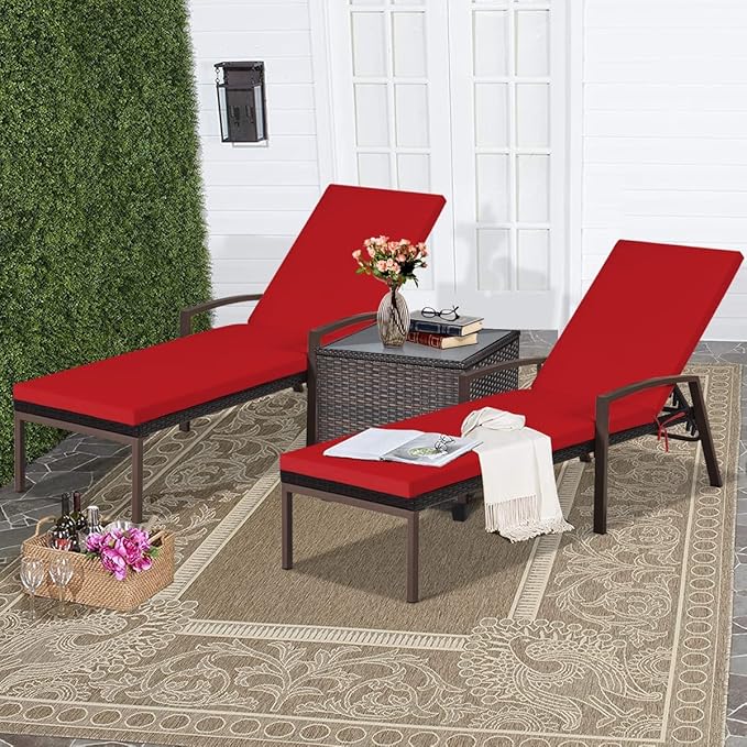 HAPPYGRILL 2PCS Patio Chaise Lounge Chair Outdoor Rattan Wicker Lounge Set Adjustable Backrest Poolside Chaise with Soft Cushions for Beach Pool Backyard Balcony