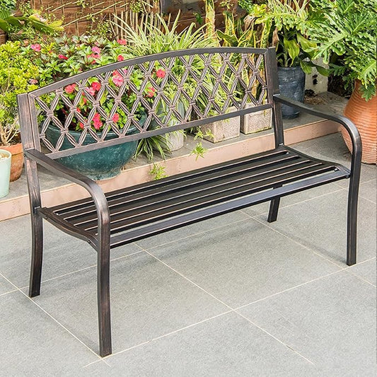 Outdoor Metal Garden Bench with Curved Backrest & Armrests, Antique Finish Patio Seating, Durable Galvanized Frame for Backyard, Deck & Lawn Decor