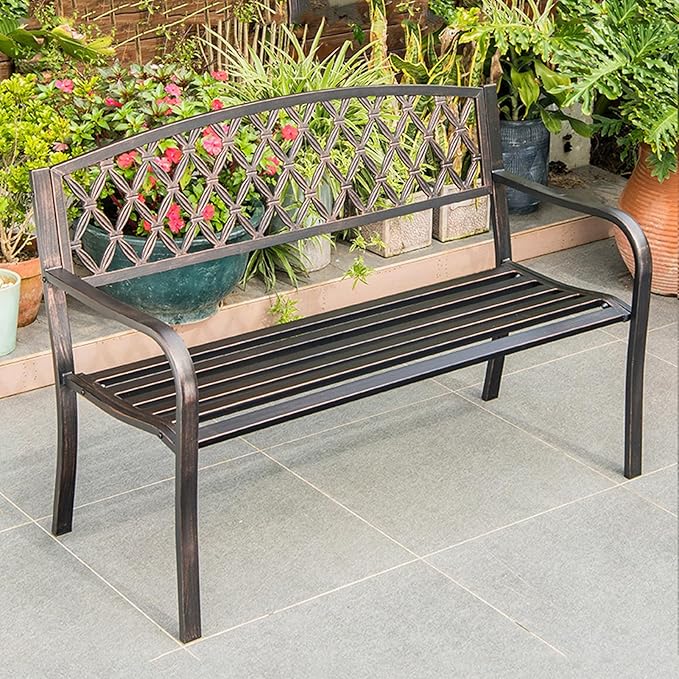 Outdoor Metal Garden Bench with Curved Backrest & Armrests, Antique Finish Patio Seating for Backyard, Deck & Lawn - Durable Galvanized Frame, Perfect for Relaxation & Style