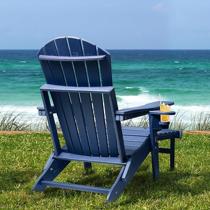 FUNBERRY Adjustable Folding Adirondack Chair with Retractable Ottoman, All Weather Fire Pit Chairs with Cup Holder