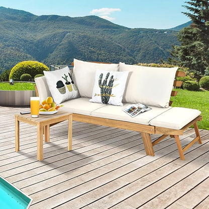 DORTALA Patio Convertible Couch Sofa Bed, Acacia Wood Daybed w/Adjustable Armrest, Collapsible Chaise Lounge w/Cushions & Pillows, Outdoor Loveseat for Poolside, Courtyard (White)