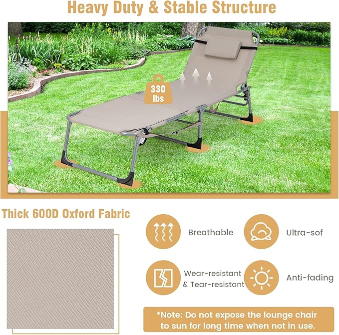 GYMAX Tanning Chair, 330LBS Beach Lounge with Face Arm Hole & Hand Shoulder Strap, Folding Layout Sunbathing Chair, Face Down Outdoor Chaise Lounger for Patio, Poolside, Lawn, Backyard (1, Sand)