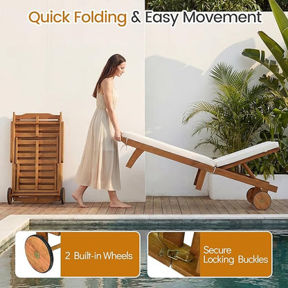 Tangkula Folding Lounge Chairs Outdoor Set of 2, Patio Eucalyptus Wood Chaise Lounge with 5-Level Adjustable Backrest & Cushions, Portable Beach Pool Sunbathing Recliner with Wheels for Outside