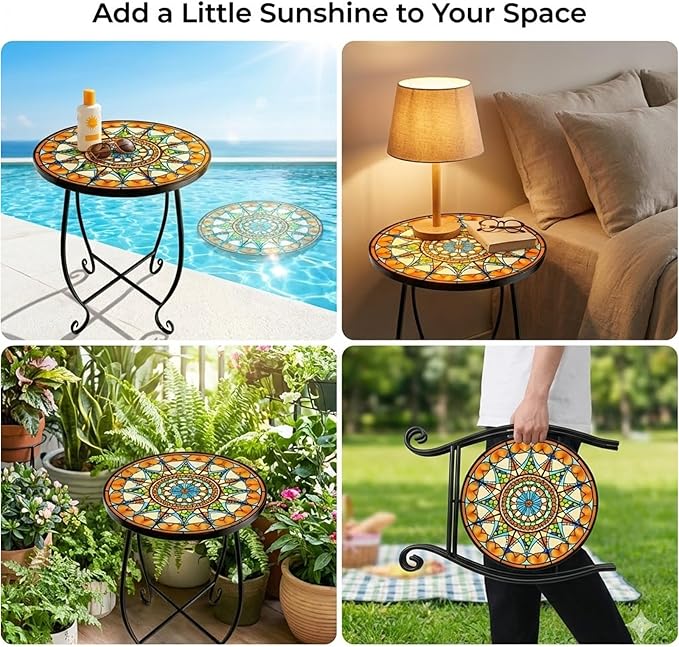 Set of 2 Mosaic Outdoor Side Tables Round, 15 Inch Height - Small Patio Table Set - Photo 7