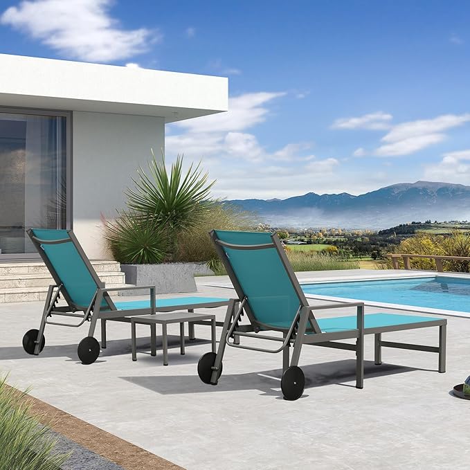 PURPLE LEAF Outdoor Chaise Lounge Set for 2 Aluminum Patio Chaise Lounger Chairs with Armrest and Wheels Adjustable Pool Chaise Lounge Chair for Beach Backyard Deck Poolside Table Included, Blue