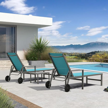 PURPLE LEAF Outdoor Chaise Lounge Set for 2 Aluminum Patio Chaise Lounger Chairs with Armrest and Wheels Adjustable Pool Chaise Lounge Chair for Beach Backyard Deck Poolside Table Included, Blue