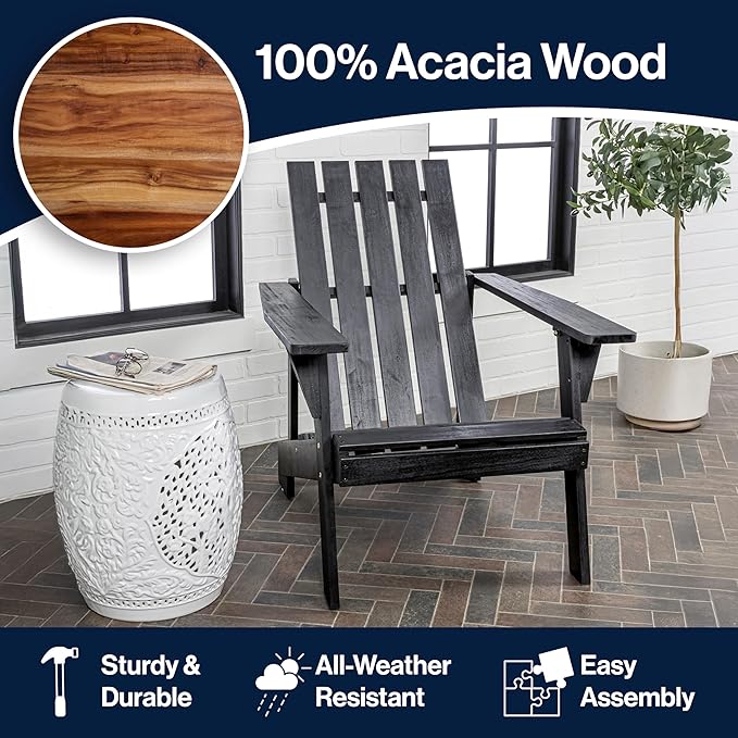 JONATHAN Y PAT1001D Irving Outdoor Patio Modern Acacia Wood Adirondack Chair for Garden, Lawn, Backyard, Pool, Deck, Beach, Firepit, Black