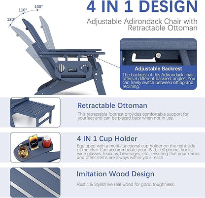 FOOWIN Adirondack Chair with Retractable Ottoman,HDPE Folding Adjustable Adirondack Chair w/4 in 1 Cup Holder Trays,All-Weather Resistant Fire Pit Chair for Outdoor Patio Lawn Set of 6