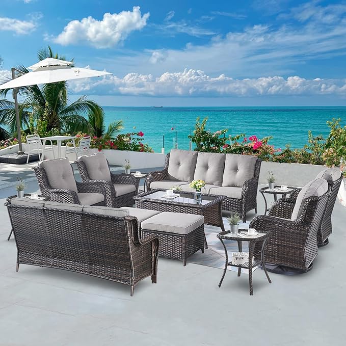Belord 13 Piece Wicker Patio Furniture Set, Outdoor Swivel Rocker Chairs Set of 4 with Ottomans and Rattan Couch, All Weather Patio Conversation Furniture Set, for Pool,Yard Brown Wicker/Gray