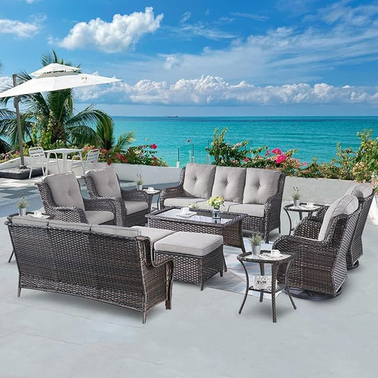 Belord 13 Piece Wicker Patio Furniture Set, Outdoor Swivel Rocker Chairs Set of 4 with Ottomans and Rattan Couch, All Weather Patio Conversation Furniture Set, for Pool,Yard Brown Wicker/Gray