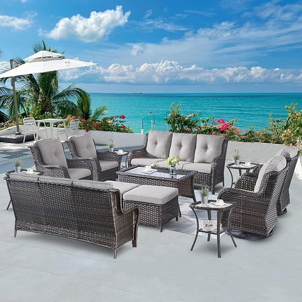 Belord 13 Piece Wicker Patio Furniture Set, Outdoor Swivel Rocker Chairs Set of 4 with Ottomans and Rattan Couch - Photo 1