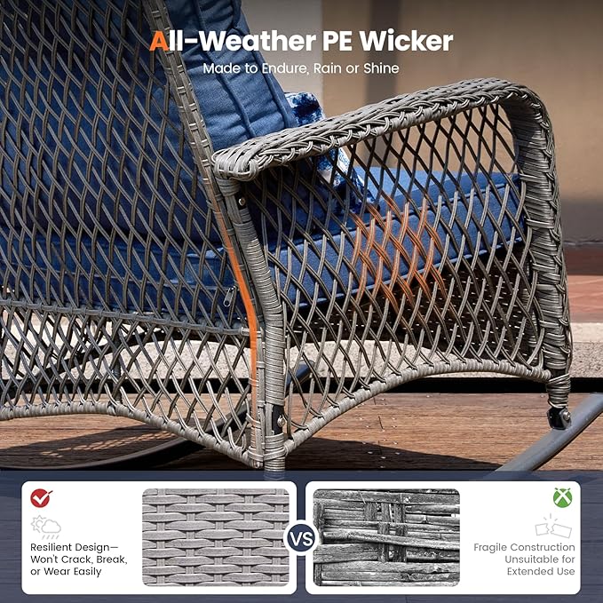 UDPATIO Rocking Outdoor Chair Patio Wicker Chair with Cushions, Lumbar Pillow for Porch Backyard, Porch, Balcony - Photo 6